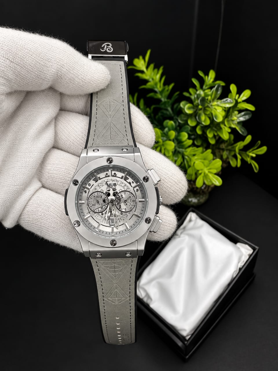 Luxury Silver Chronograph Watch – Premium Skeleton Dial with Grey Leather Strap