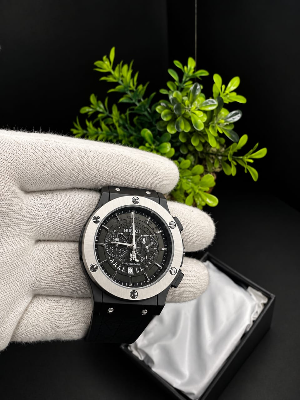 Luxury Black Chronograph Watch – Skeleton Dial with Black Rubber Strap