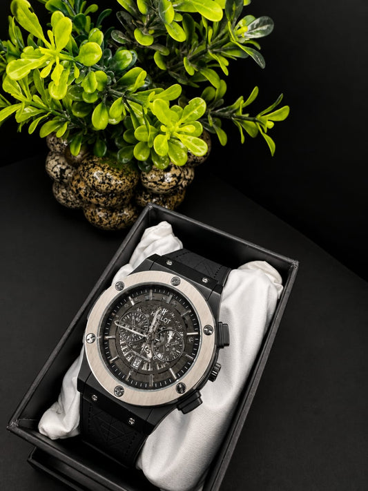 Luxury Black Chronograph Watch – Skeleton Dial with Black Rubber Strap