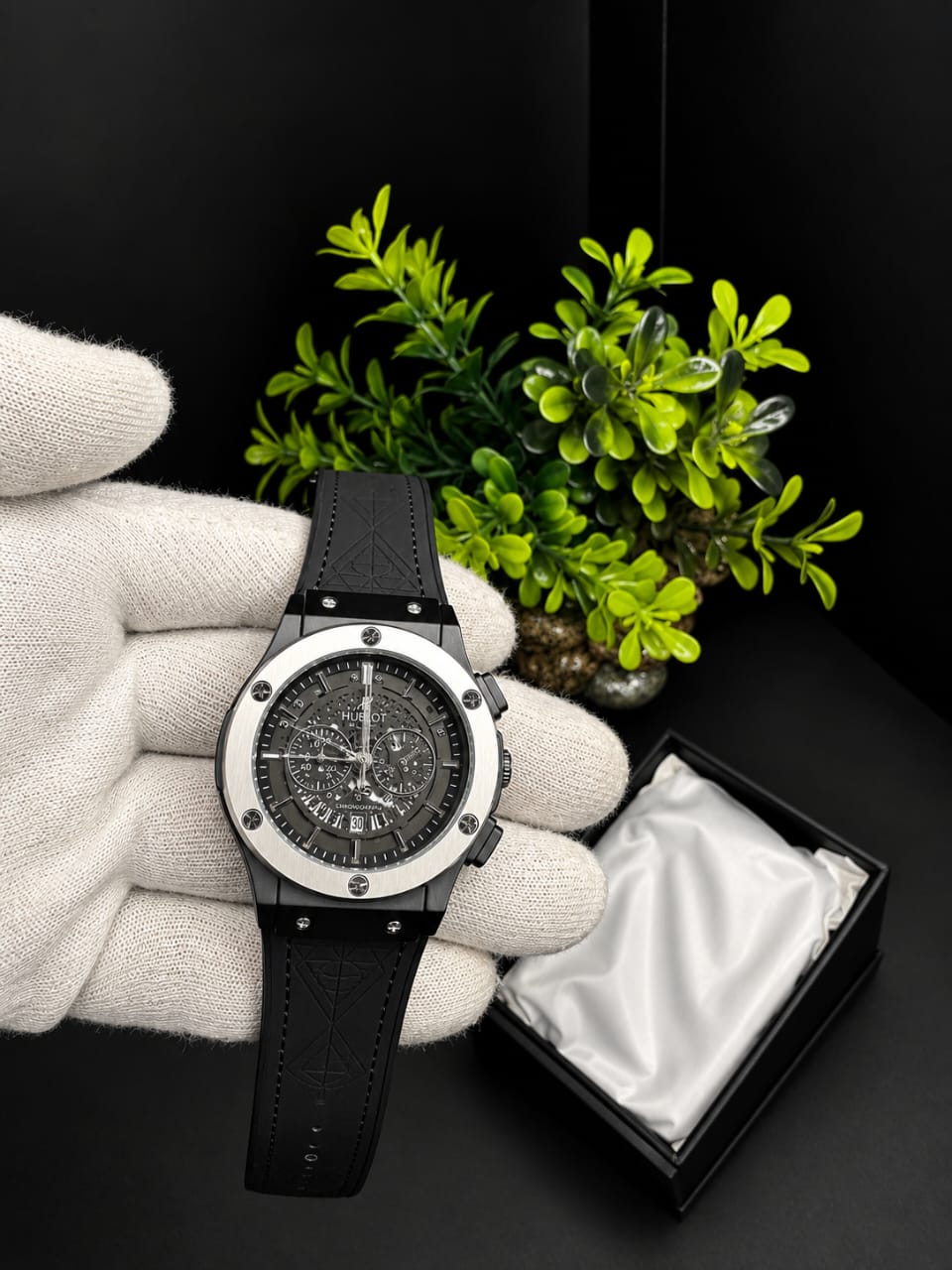 Luxury Black Chronograph Watch – Skeleton Dial with Black Rubber Strap