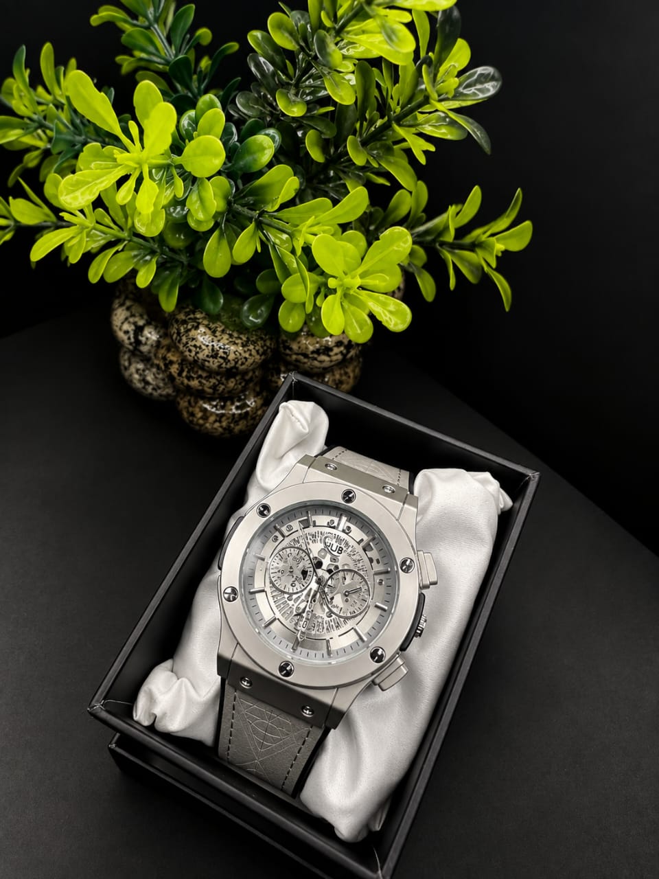 Luxury Silver Chronograph Watch – Premium Skeleton Dial with Grey Leather Strap